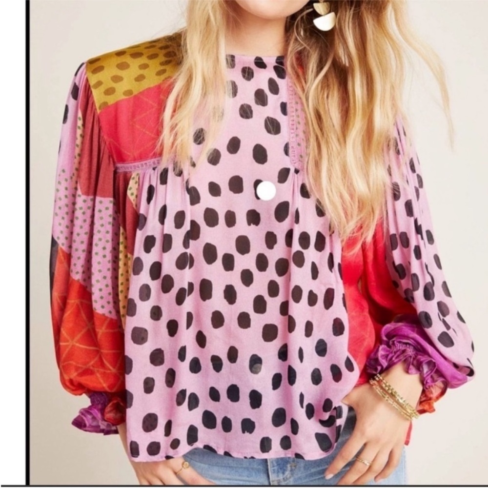 Miranda Anthropologie Pink and Red Polka Dot Blouse
